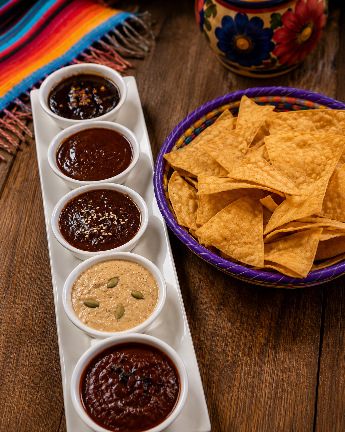 Variety of traditional Oaxacan salsas with fresh tortilla chips
