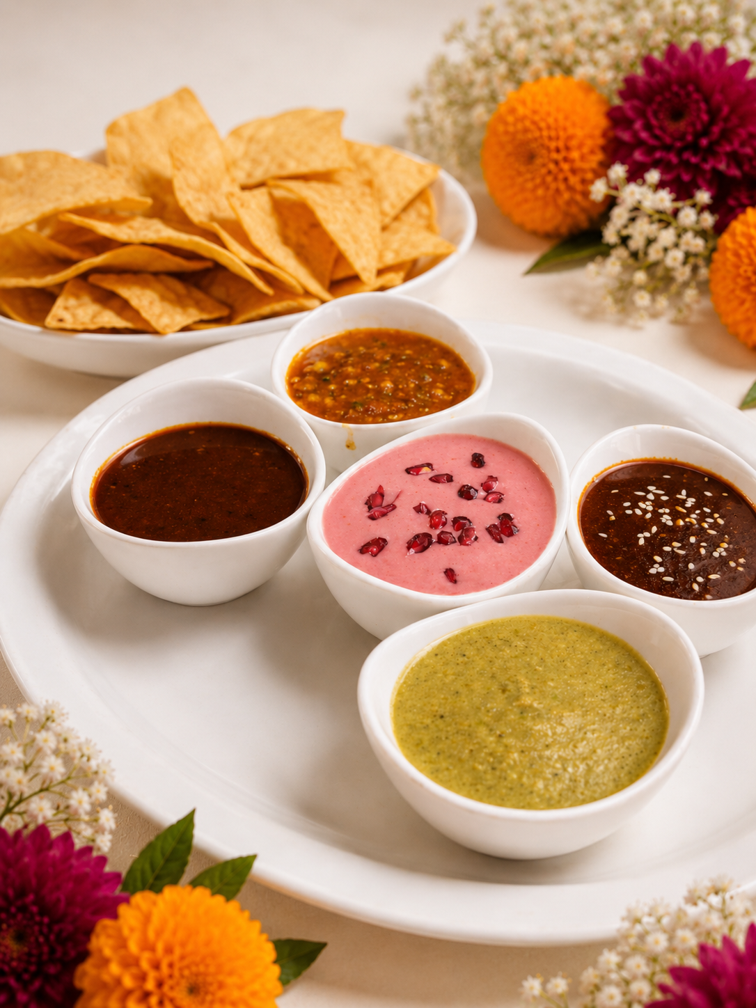 Variety of traditional Oaxacan salsas with fresh tortilla chips