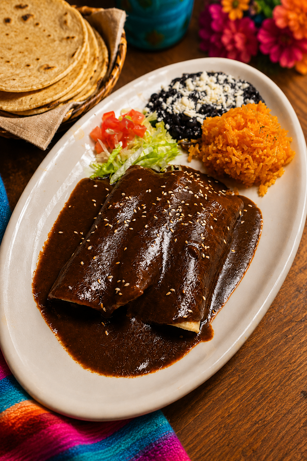 Dark Oaxacan mole in a clay bowl